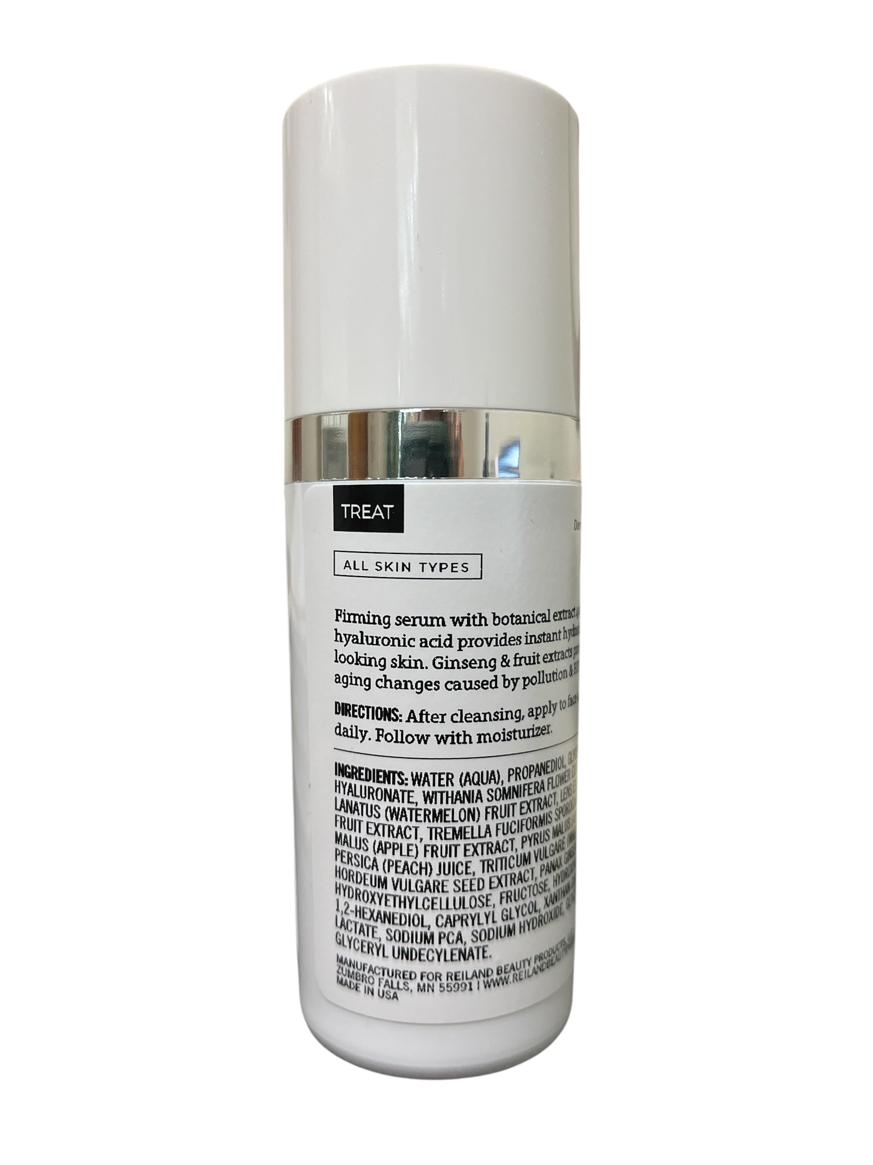 Close-up of Reiland Hydralift Firming Serum label showing ingredients and usage directions for firming, hydrating skincare treatment.