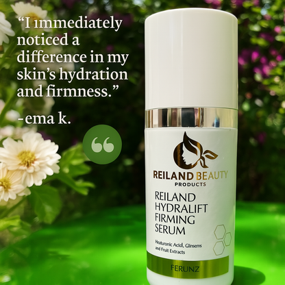 Reiland Hydralift Firming Serum testimonial image featuring a vibrant garden setting and a review from Ema K. praising the serum’s instant boost in skin hydration and firmness.