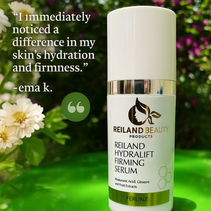 Reiland Hydralift Firming Serum testimonial image featuring a vibrant garden setting and a review from Ema K. praising the serum’s instant boost in skin hydration and firmness.
