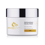 Product image of Reiland Beauty Exfoliating Facial Pads – 60-count jar featuring salicylic and glycolic acids for clarifying, refining, and brightening skin. Luxury skincare packaging in white and gold.
