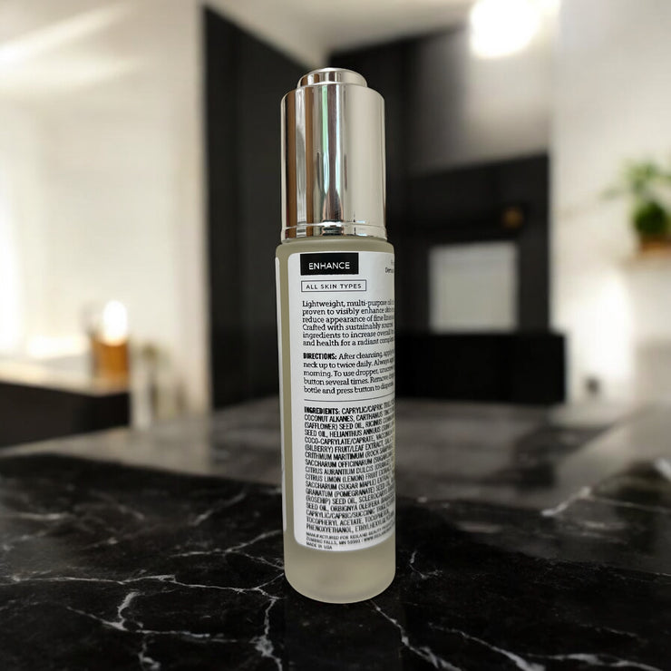 Back label view of Reiland Radiance Renewal Elixir displaying key ingredients and usage directions for a clinically proven, skin-renewing experience.