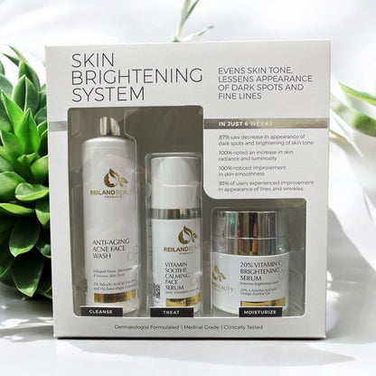 Photo of Reiland Beauty Products Skin Brightening System with cleanser, calming serum, and vitamin C brightening cream in a boxed skincare kit. Designed to even skin tone, reduce dark spots, and improve fine lines in just 6 weeks.