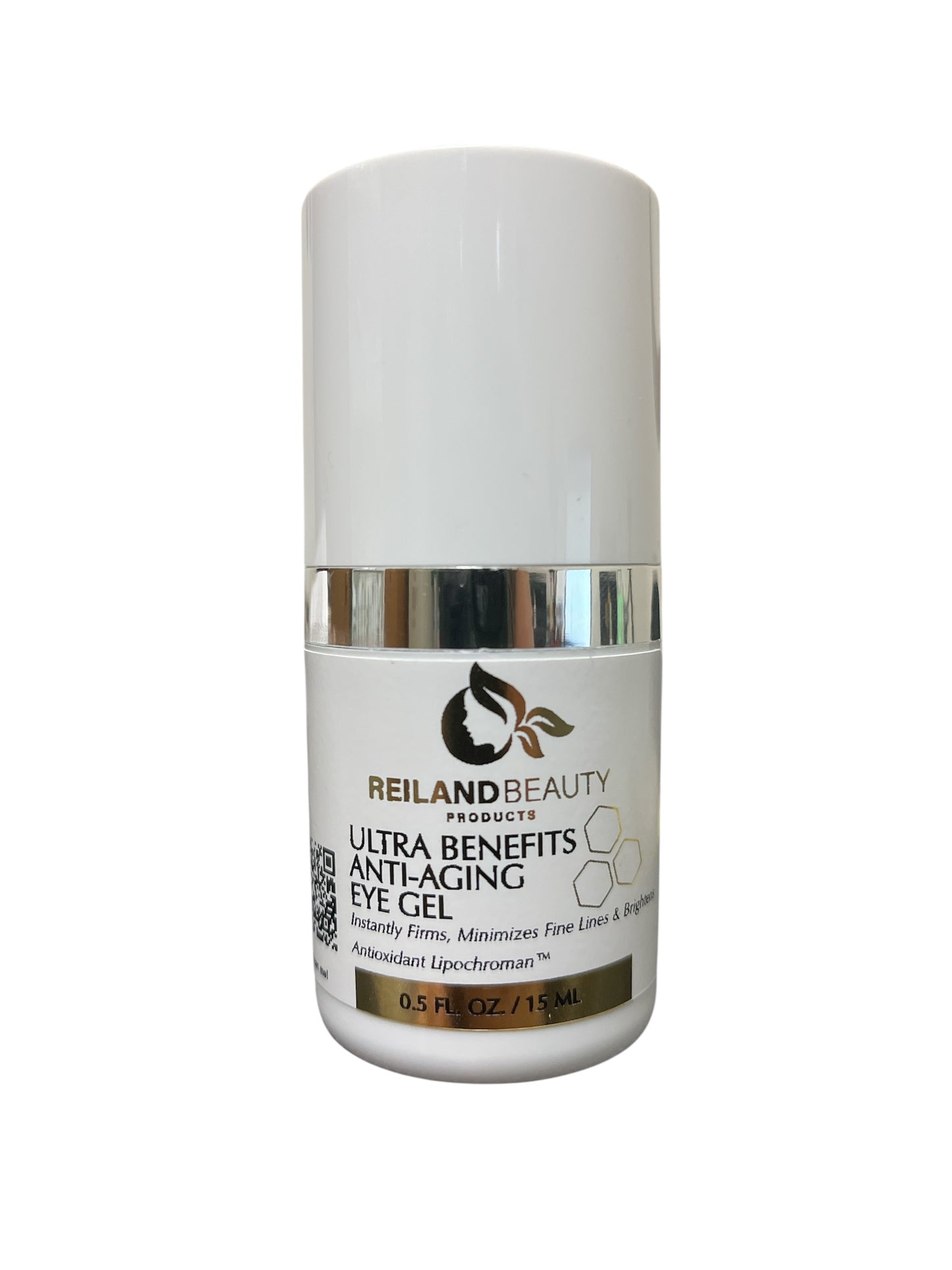 Close-up image of Reiland Ultra Benefit Anti-Aging Eye Gel in a clean studio setting, highlighting its sleek white and chrome design.