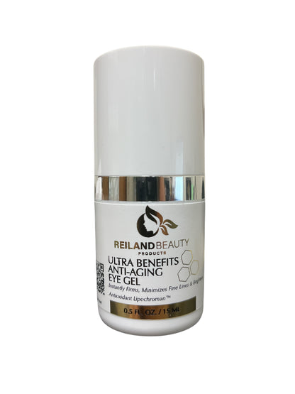 Close-up image of Reiland Ultra Benefit Anti-Aging Eye Gel in a clean studio setting, highlighting its sleek white and chrome design.