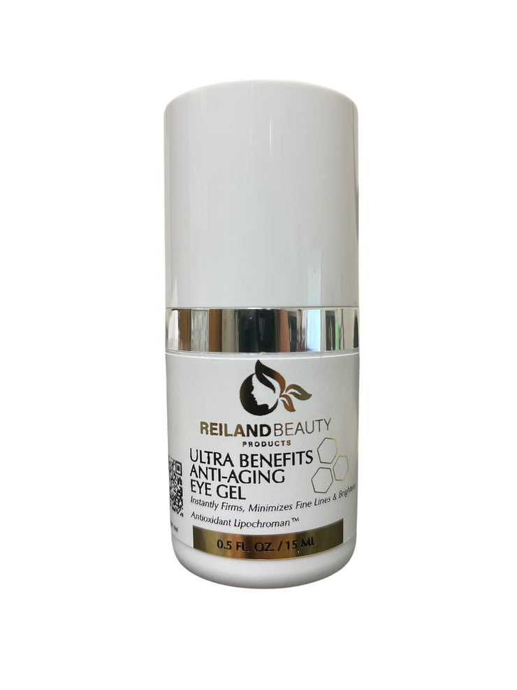 Close-up image of Reiland Ultra Benefit Anti-Aging Eye Gel in a clean studio setting, highlighting its sleek white and chrome design.