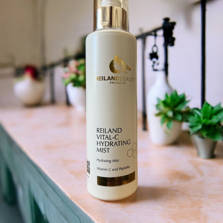 Reiland Vital-C Hydrating Mist on luxury spa table – face mist with Vitamin C and peptides for glowing, youthful, hydrated skin