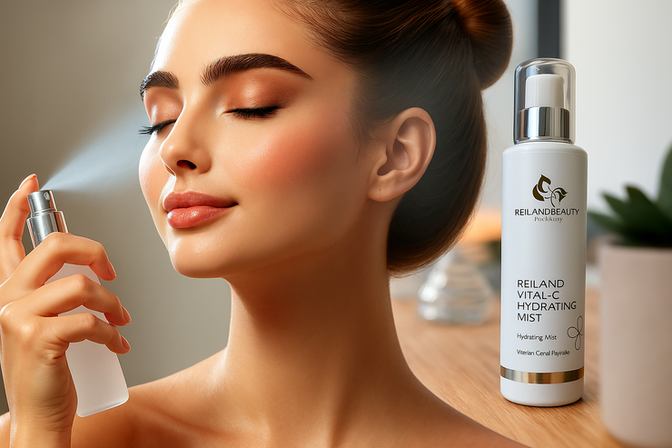 Woman misting face with Reiland Vital-C Hydrating Mist – vitamin C skincare spray for radiant, hydrated, youthful skin