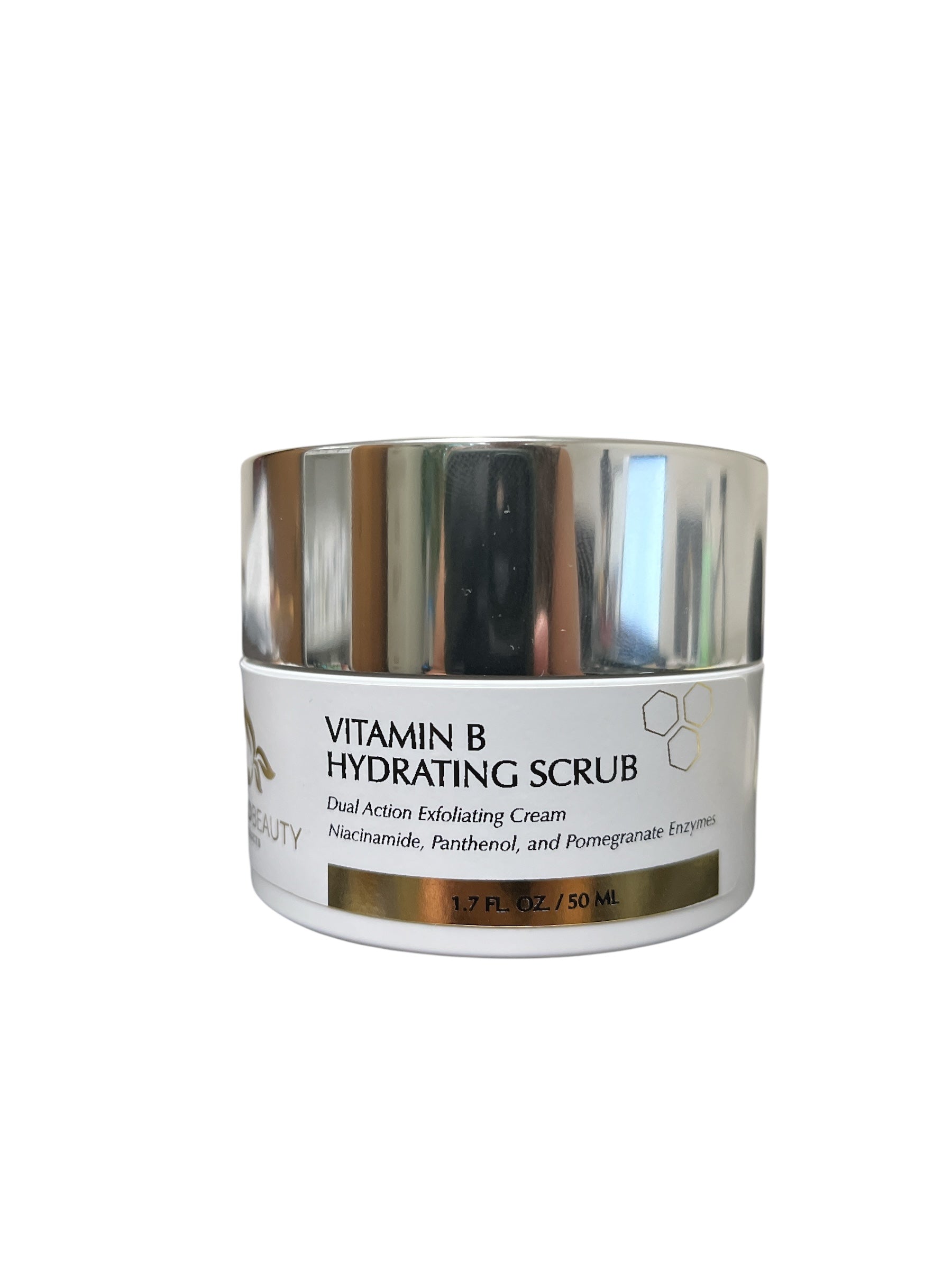 Front view of Reiland Vitamin B Hydrating Scrub with a shiny silver lid, showcasing label details including niacinamide, panthenol, and pomegranate enzymes on a clean white background.