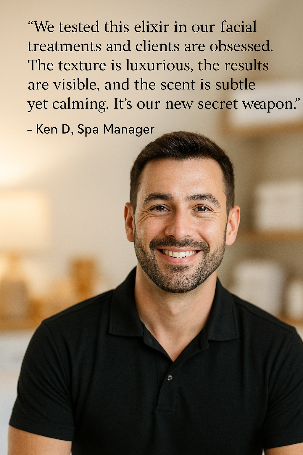 A professional spa manager shares a glowing testimonial for Reiland Radiance Renewal Elixir, praising its luxurious texture, visible results, and calming scent used in facial treatments.