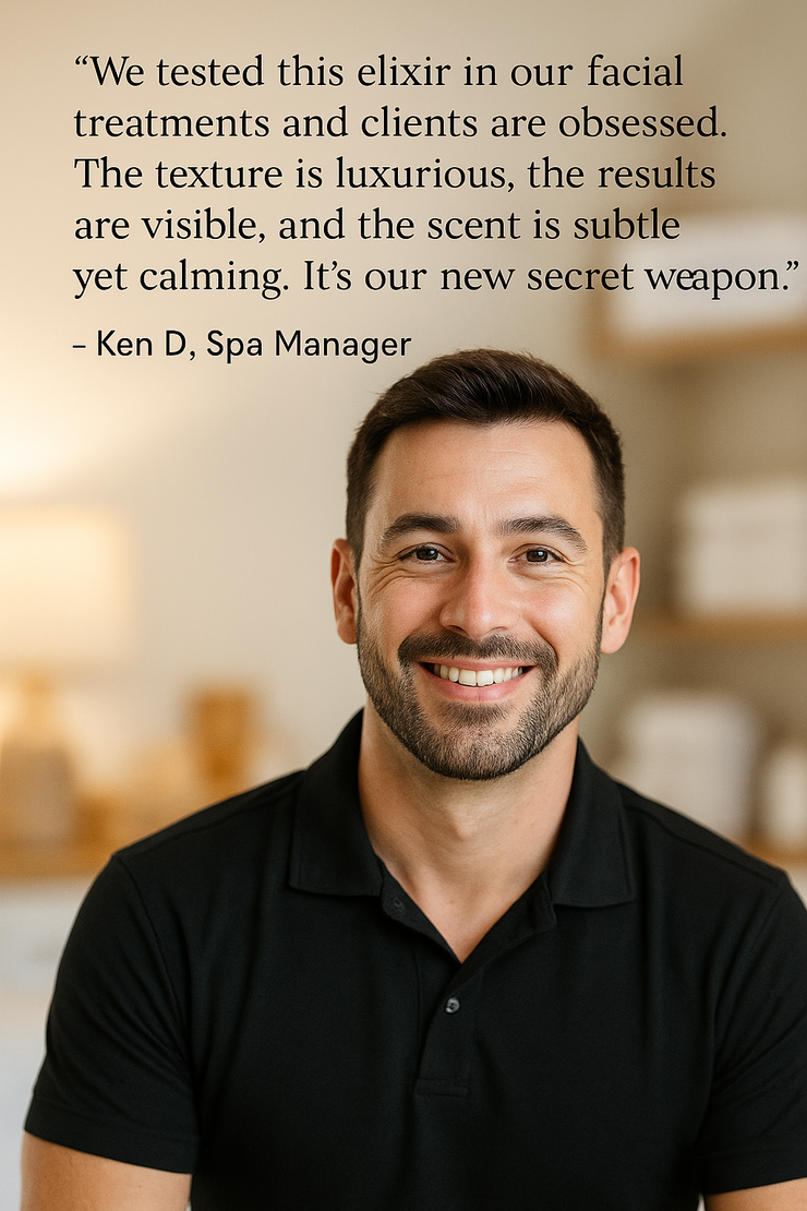 A professional spa manager shares a glowing testimonial for Reiland Radiance Renewal Elixir, praising its luxurious texture, visible results, and calming scent used in facial treatments.