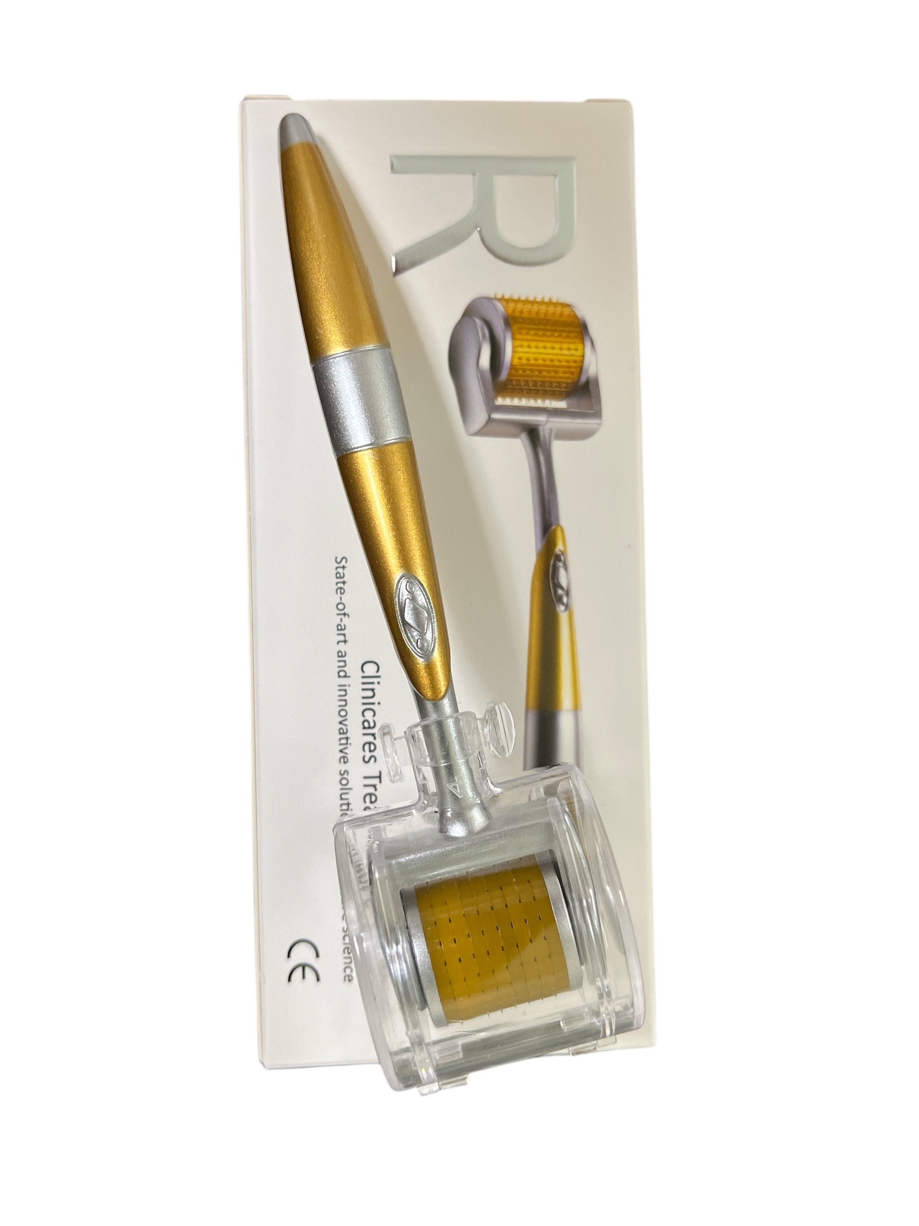 ZGTS microneedling roller in sterile clinical container – gold and silver design for at-home skin therapy.