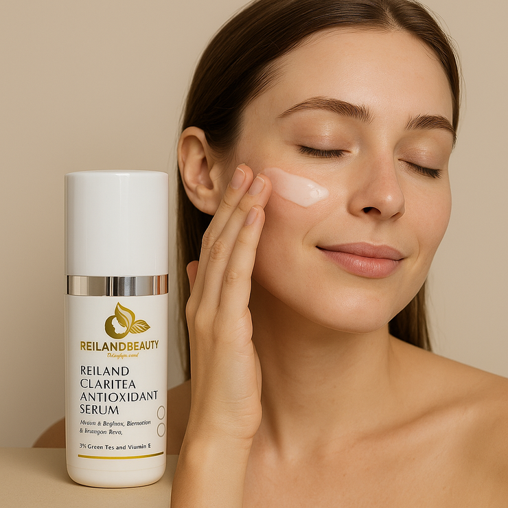 A young woman gently applies Reiland Claritea Antioxidant Serum to her cheek while holding the bottle, showcasing skincare benefits like redness reduction and pore refinement.