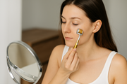 Woman applying ZGTS Derma Roller on cheek in front of vanity mirror – home facial treatment for skin renewal.
