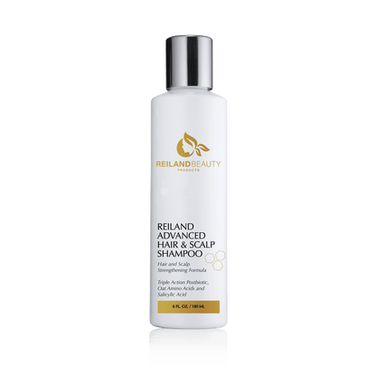 Reiland Advanced Hair & Scalp Shampoo – 6 fl. oz. bottle featuring Triple Action Postbiotic, Oat Amino Acids, and Salicylic Acid. Strengthens scalp, reduces buildup, and supports healthy hair growth.
