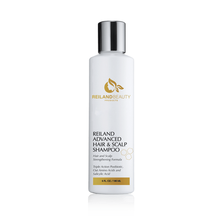 Reiland Advanced Hair & Scalp Shampoo – 6 fl. oz. bottle featuring Triple Action Postbiotic, Oat Amino Acids, and Salicylic Acid. Strengthens scalp, reduces buildup, and supports healthy hair growth.