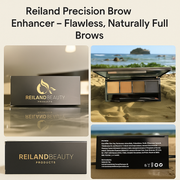 Reiland Precision Brow Enhancer palette shown with sleek packaging, four natural eyebrow powder shades, and product label for high-pigment, smudge-proof brows