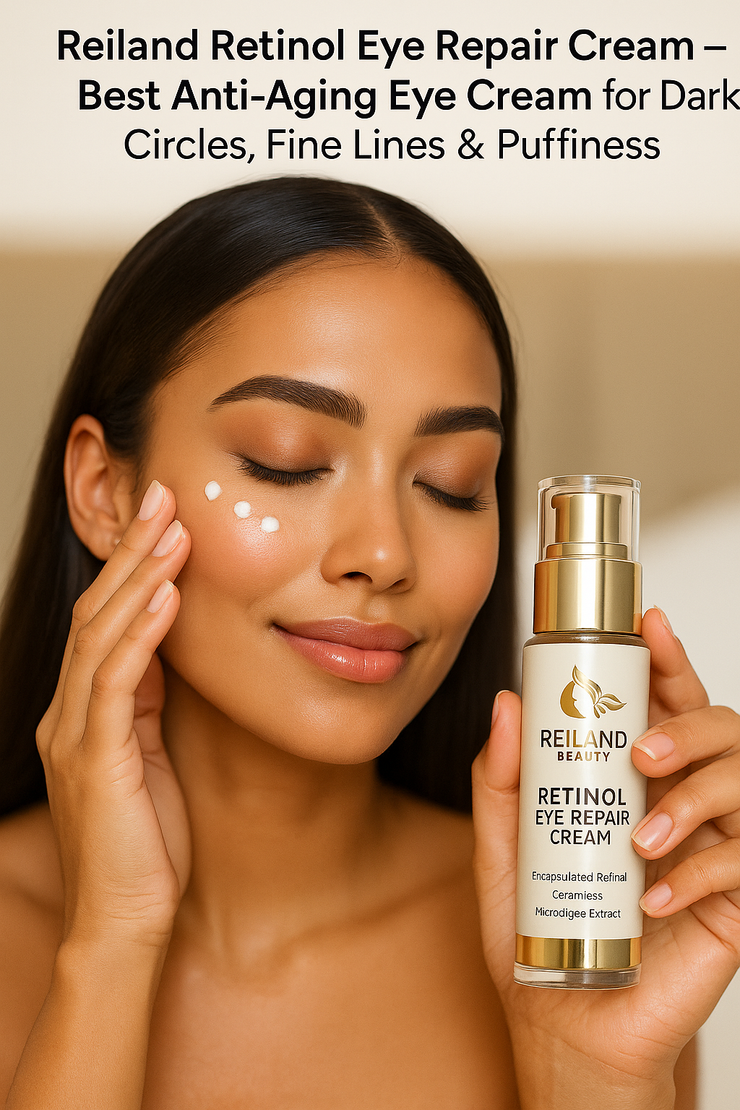 Woman gently applying Reiland Retinol Eye Repair under eyes to reduce wrinkles, smooth fine lines, and hydrate delicate skin — anti-aging eye cream for brighter, firmer eyes.