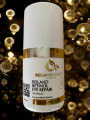 Anti-aging eye cream with encapsulated retinol and niacinamide in a luxury gold setting.